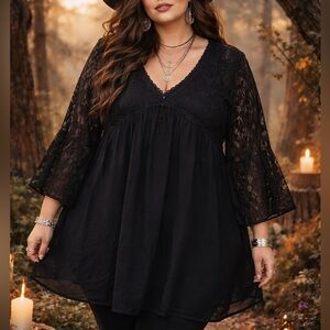 Black Lace Babydoll Tunic Top 4X Plus Size Boho Gothic Bell Sleeve Witchy Whimsy